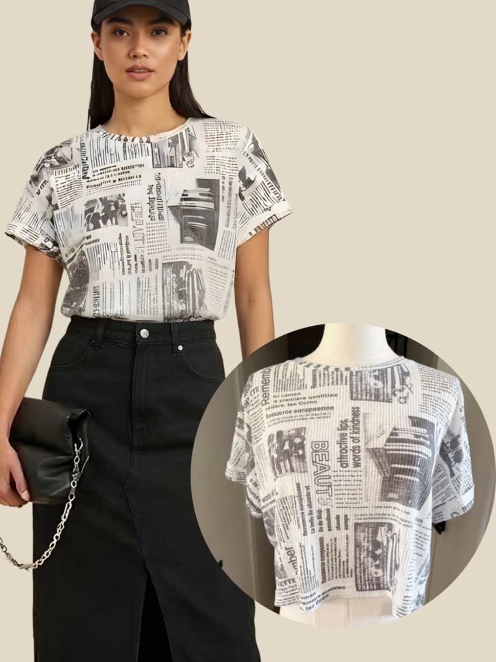 Elodie Newspaper-Print Short Sleeve Crop Top - White/Black